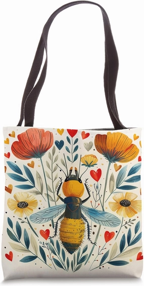 Termite Flowers With Hearts Around Boho Style Graphic Tote Bag