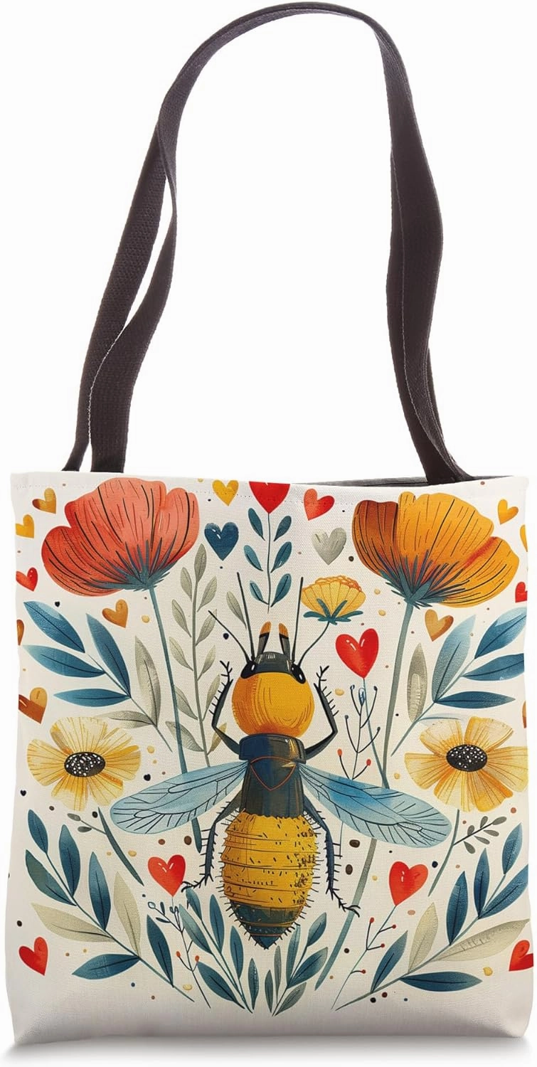 Termite Flowers With Hearts Around Boho Style Graphic Tote Bag