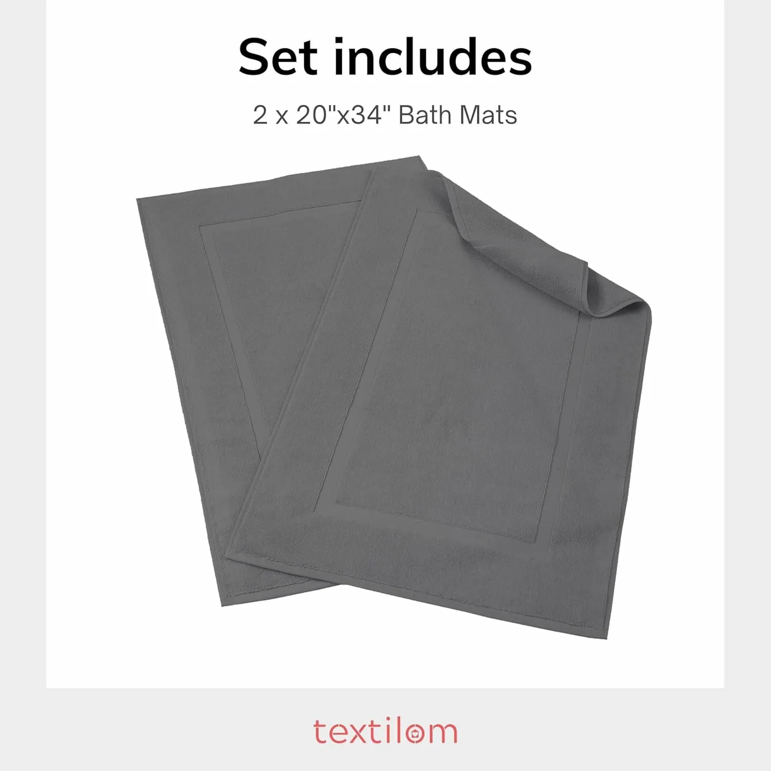 TEXTILOM Luxury 2 Pack Banded Cotton Bath Mats for Bathroom Floor [ Hotel, Spa, Tub, Shower Bath Mat Floor Towel Set ], Machine Washable & Soft & Absorbent & Quick Dry (20''x34'')- Dark Grey