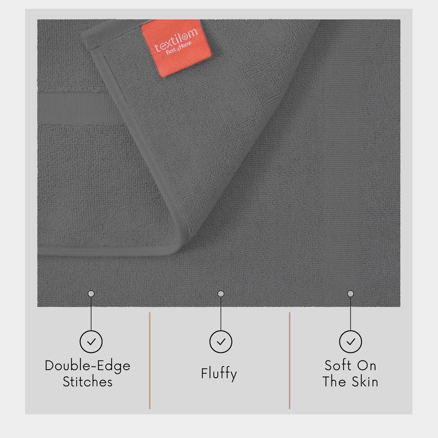 TEXTILOM Luxury 2 Pack Banded Cotton Bath Mats for Bathroom Floor [ Hotel, Spa, Tub, Shower Bath Mat Floor Towel Set ], Machine Washable & Soft & Absorbent & Quick Dry (20''x34'')- Dark Grey