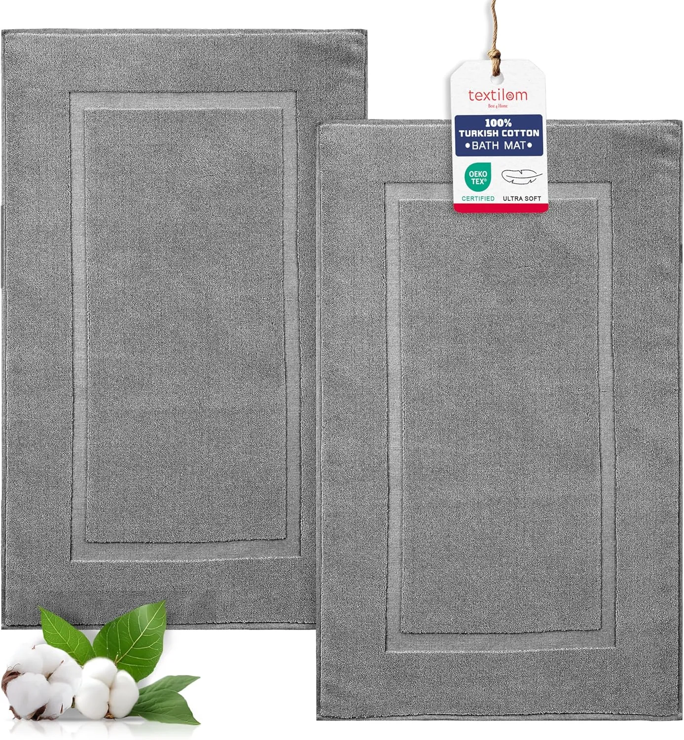 TEXTILOM Luxury 2 Pack Banded Cotton Bath Mats for Bathroom Floor [ Hotel, Spa, Tub, Shower Bath Mat Floor Towel Set ], Machine Washable & Soft & Absorbent & Quick Dry (20''x34'')- Dark Grey