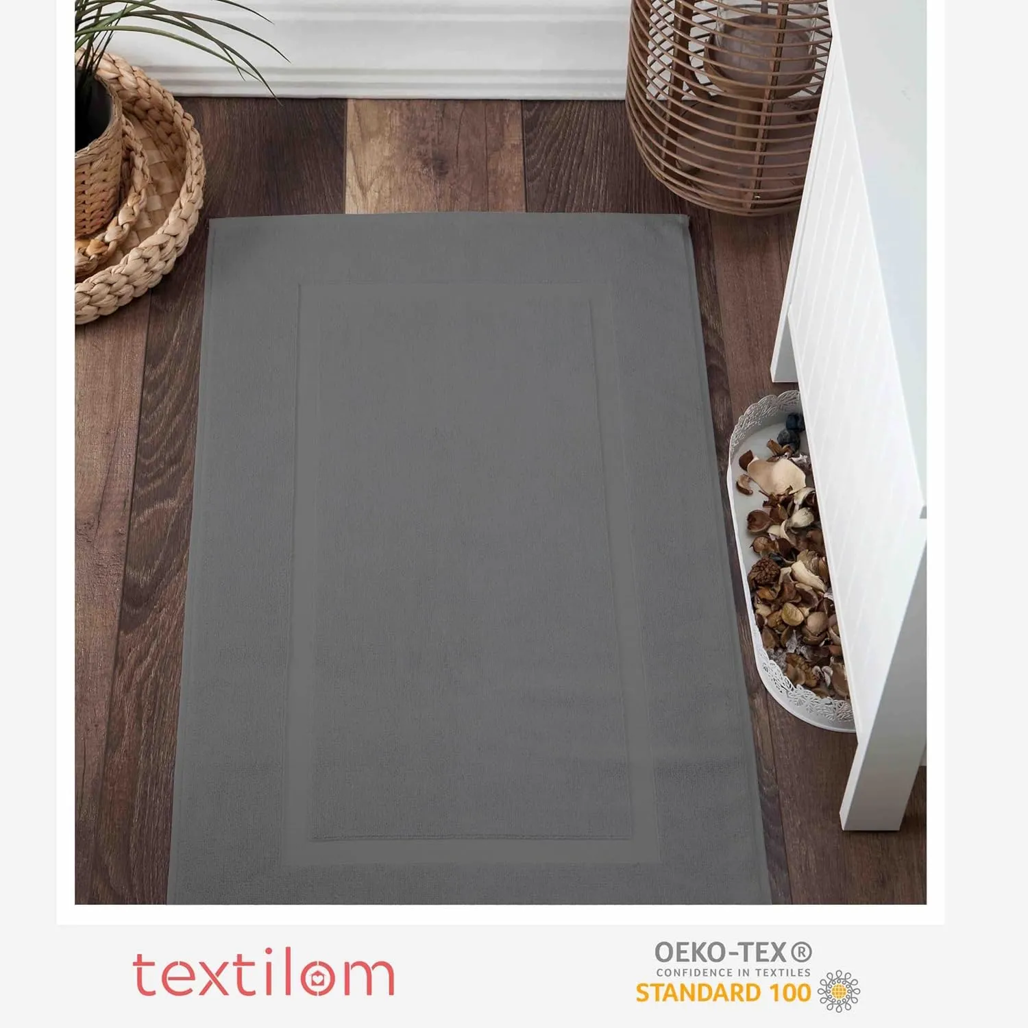 TEXTILOM Luxury 2 Pack Banded Cotton Bath Mats for Bathroom Floor [ Hotel, Spa, Tub, Shower Bath Mat Floor Towel Set ], Machine Washable & Soft & Absorbent & Quick Dry (20''x34'')- Dark Grey