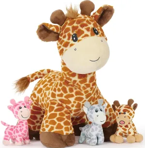 Tezituor 18 inch Giraffe Stuffed Animals, Large Mommy Stuffed Giraffe Plush with 3 Cute Babies Toys, Plush Deer Pillow for Kids Girl Boy