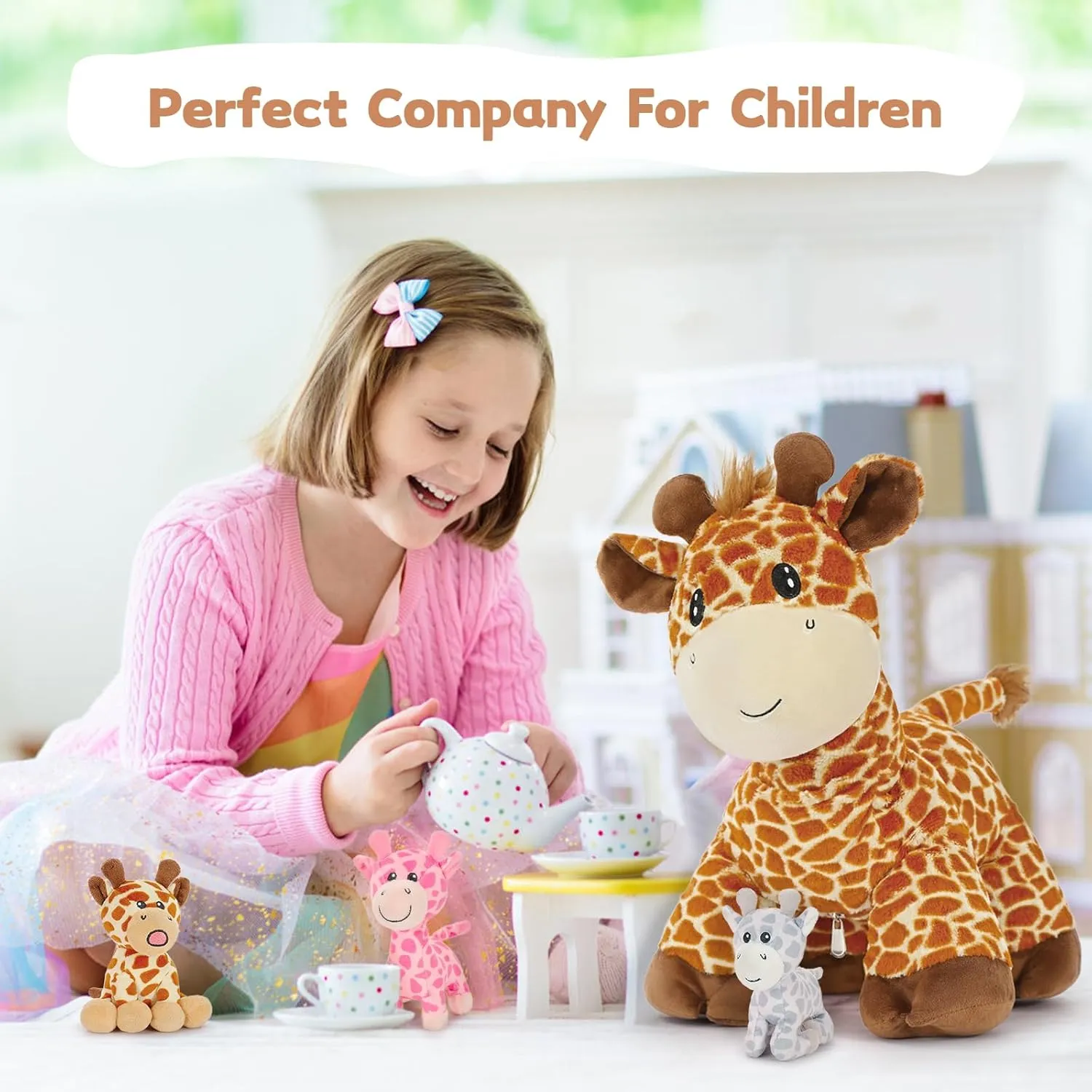 Tezituor 18 inch Giraffe Stuffed Animals, Large Mommy Stuffed Giraffe Plush with 3 Cute Babies Toys, Plush Deer Pillow for Kids Girl Boy