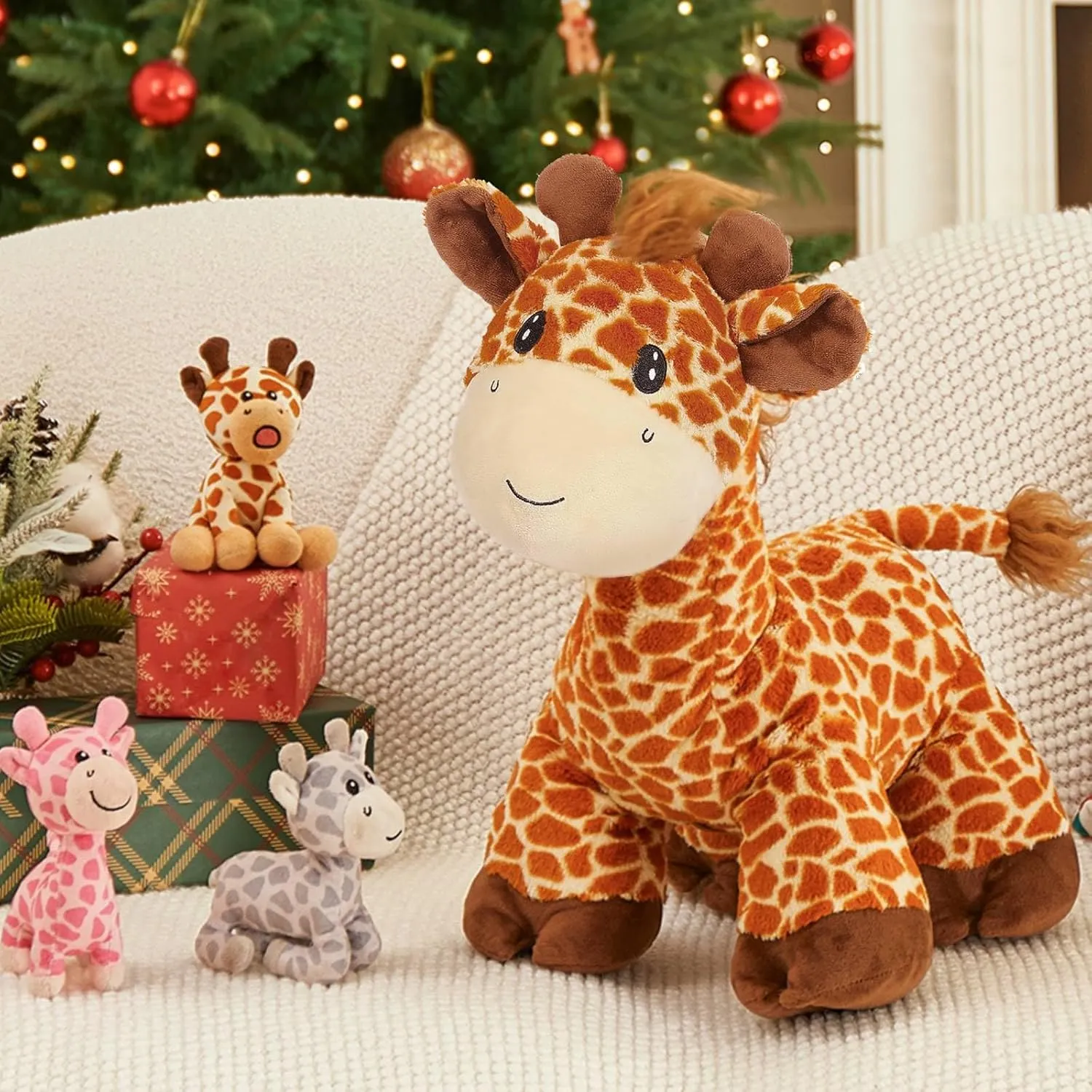 Tezituor 18 inch Giraffe Stuffed Animals, Large Mommy Stuffed Giraffe Plush with 3 Cute Babies Toys, Plush Deer Pillow for Kids Girl Boy