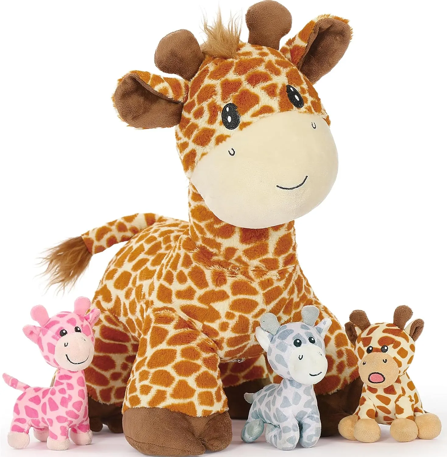 Tezituor 18 inch Giraffe Stuffed Animals, Large Mommy Stuffed Giraffe Plush with 3 Cute Babies Toys, Plush Deer Pillow for Kids Girl Boy