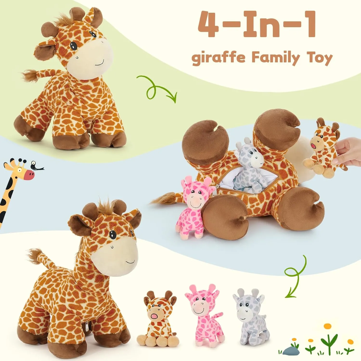 Tezituor 18 inch Giraffe Stuffed Animals, Large Mommy Stuffed Giraffe Plush with 3 Cute Babies Toys, Plush Deer Pillow for Kids Girl Boy