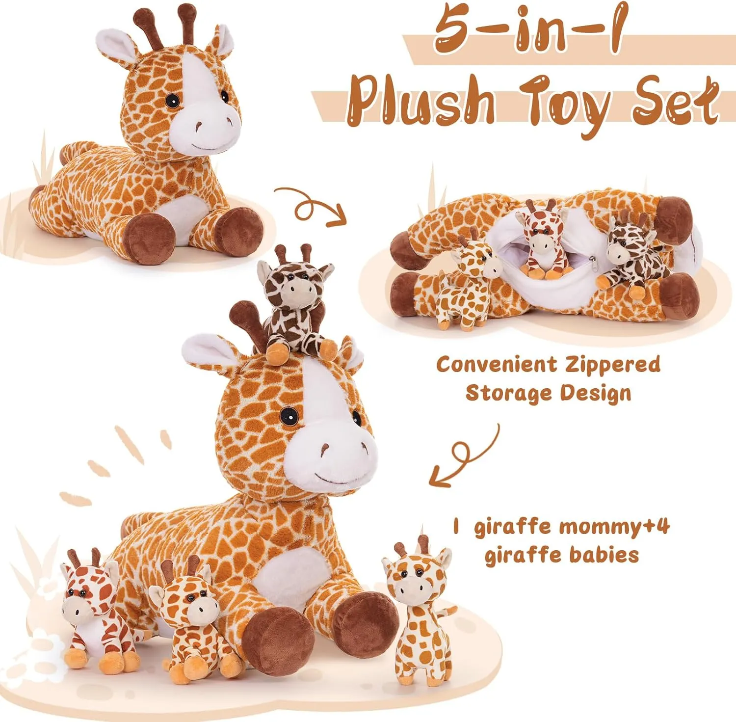 Tezituor 5Pcs Giraffe Stuffed Animal Set, 22 inch Large Mommy Stuffed Giraffe with 4 Cute Babies, Soft Giraffed Plush Pillow for Boys Girls