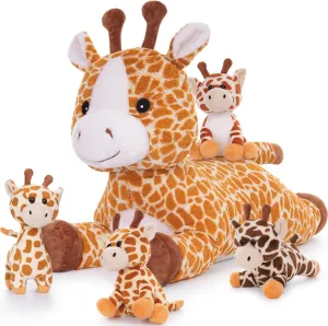 Tezituor 5Pcs Giraffe Stuffed Animal Set, 22 inch Large Mommy Stuffed Giraffe with 4 Cute Babies, Soft Giraffed Plush Pillow for Boys Girls