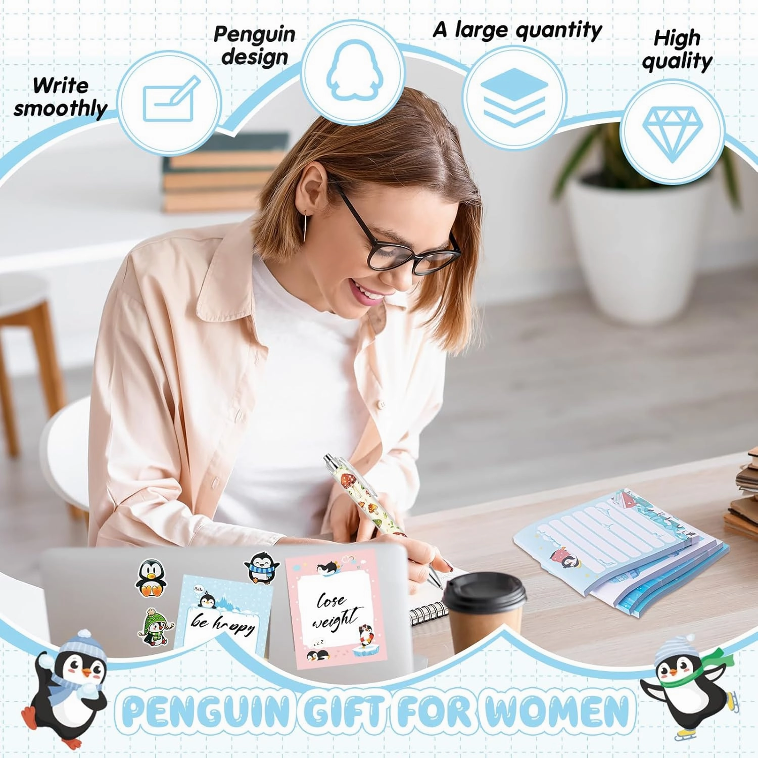 Theme Office Supplies Cute Gifts for Women Include Ballpoint Pens Sticky Notes Stickers School Stationery Set Lover Gifts for Birthday Party Favor Decoration Supplies(Penguin)