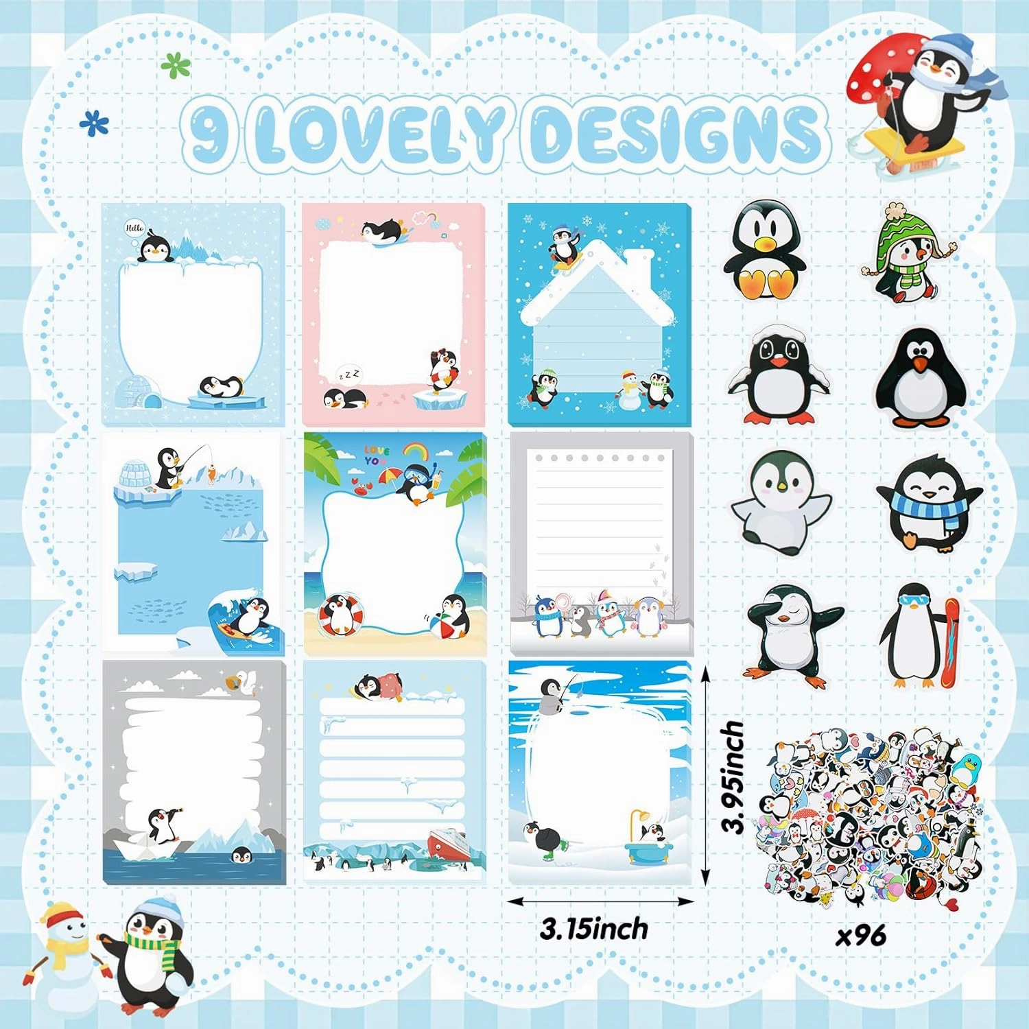 Theme Office Supplies Cute Gifts for Women Include Ballpoint Pens Sticky Notes Stickers School Stationery Set Lover Gifts for Birthday Party Favor Decoration Supplies(Penguin)