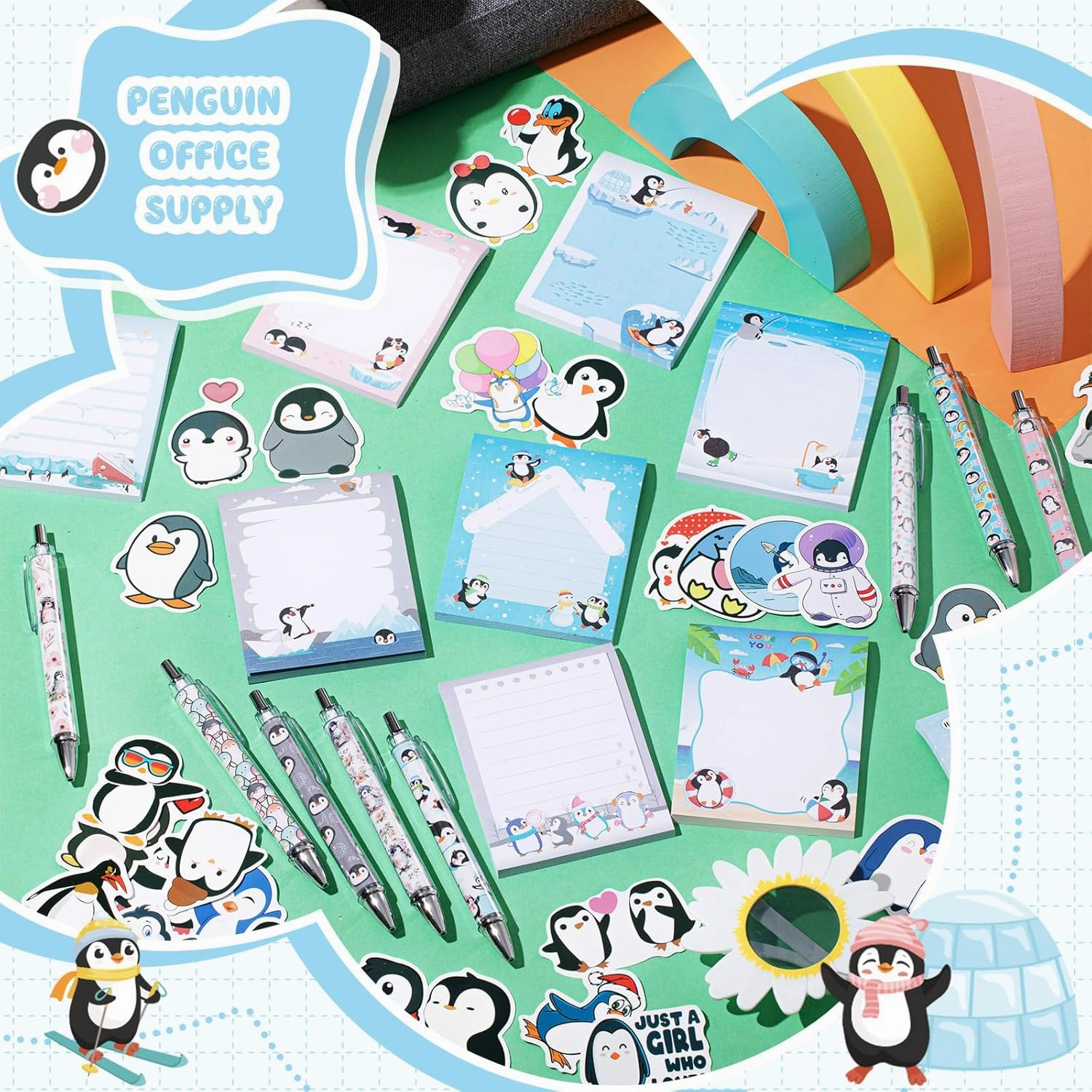 Theme Office Supplies Cute Gifts for Women Include Ballpoint Pens Sticky Notes Stickers School Stationery Set Lover Gifts for Birthday Party Favor Decoration Supplies(Penguin)