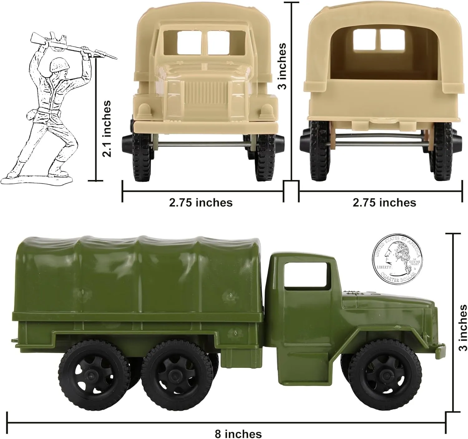 TimMee Plastic Army Men Trucks - OD Green & Tan M34 Deuce and a Half Cargo Vehicles US Made