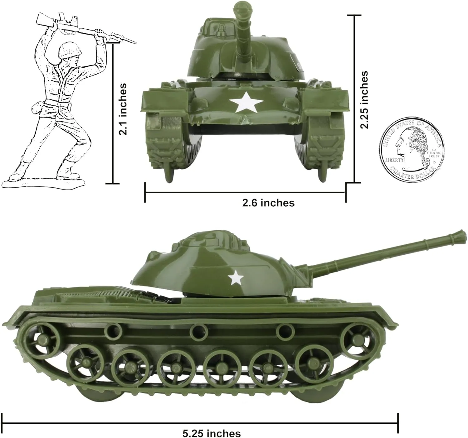 TimMee Toy Tanks for Plastic Army Men - OD Green WW2 3pc - Made in USA