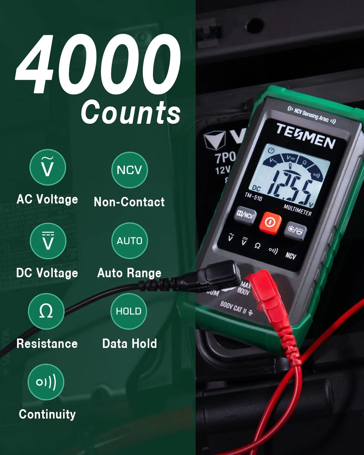 TM-510 Digital Multimeter, 4000 Counts, Smart Measurement, Auto-Ranging Voltmeter; Voltage Tester with Non-Contact Voltage Function, Measures AC/DC Voltage, Resistance, Continuity – Green
