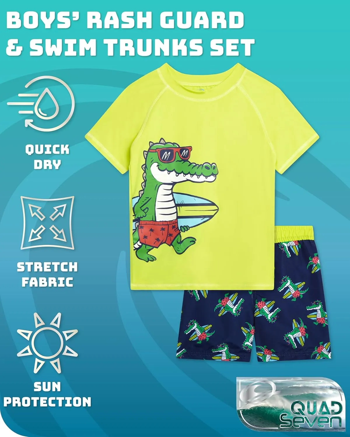 Toddler Baby Boys Swim Set - 4 Piece Swim Trunks and Short Sleeve Rash Guard for Boys Kids Swimwear (Sizes: 12M-7)
