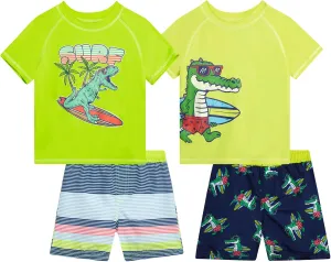 Toddler Baby Boys Swim Set - 4 Piece Swim Trunks and Short Sleeve Rash Guard for Boys Kids Swimwear (Sizes: 12M-7)