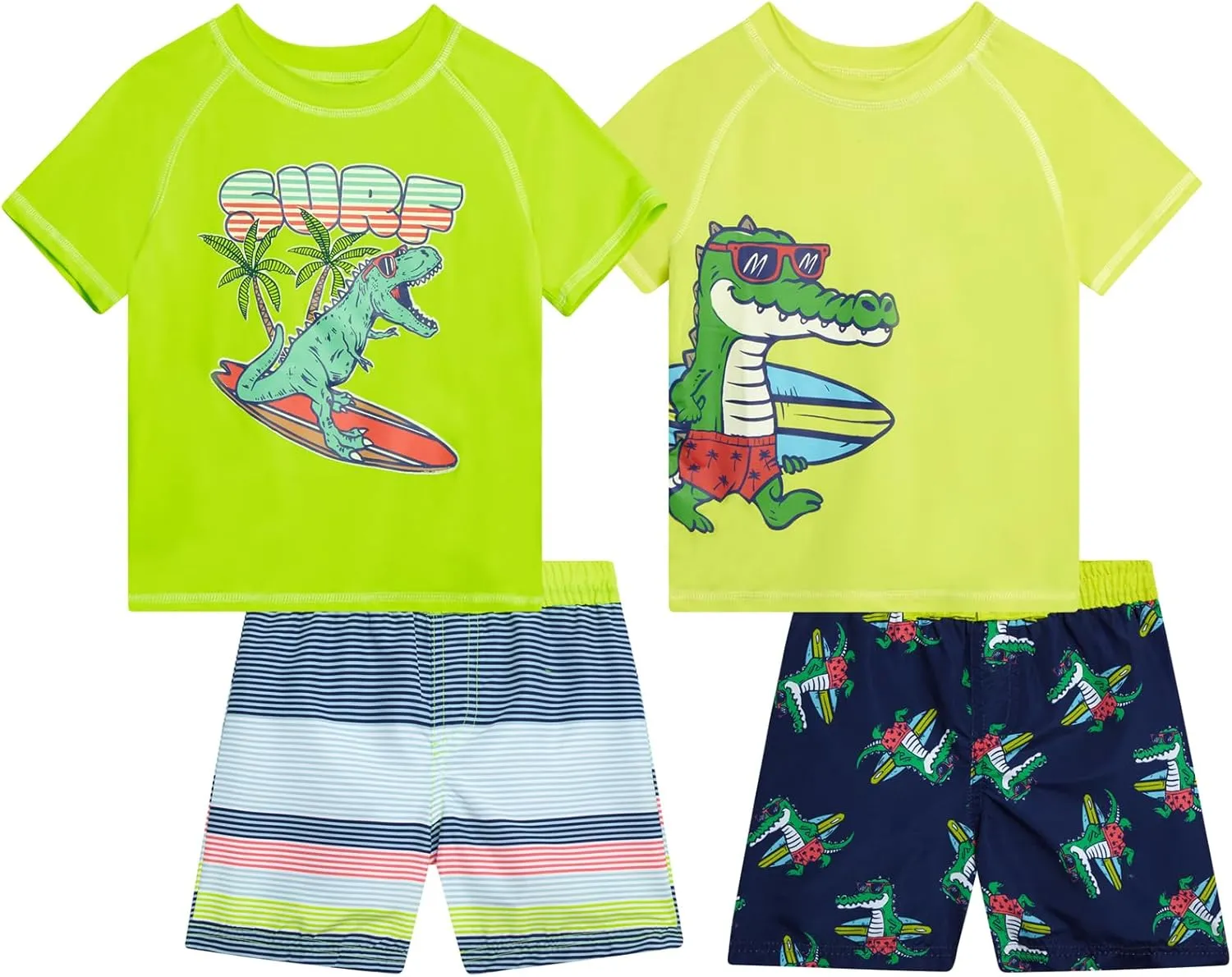 Toddler Baby Boys Swim Set - 4 Piece Swim Trunks and Short Sleeve Rash Guard for Boys Kids Swimwear (Sizes: 12M-7)