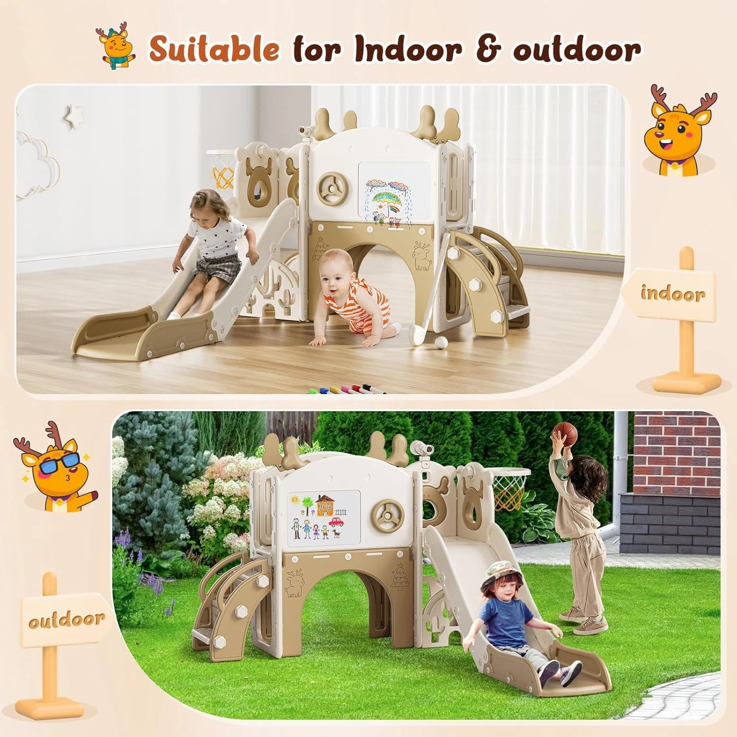 Toddler Slide, 10 in 1 Toddler Playset - Upgrade with Kids Slide, Drawing Board, Golf Set, Basketball Hoop and Storage Space for Age 1-3, Indoor and Outdoor Playground