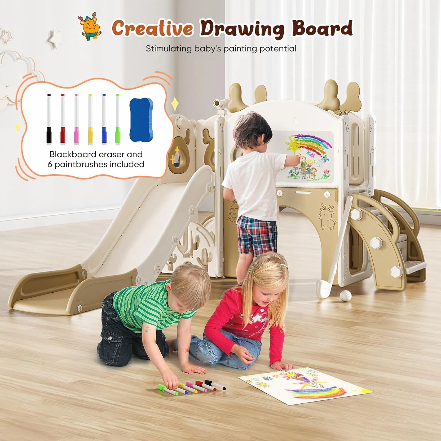 Toddler Slide, 10 in 1 Toddler Playset - Upgrade with Kids Slide, Drawing Board, Golf Set, Basketball Hoop and Storage Space for Age 1-3, Indoor and Outdoor Playground