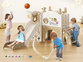 Toddler Slide, 10 in 1 Toddler Playset - Upgrade with Kids Slide, Drawing Board, Golf Set, Basketball Hoop and Storage Space for Age 1-3, Indoor and Outdoor Playground