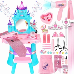 Toddler Vanity Table and Chair Set with Mirror, Light and Music, Little Girl Vanity with Hair Salon Toys for Ages 2-4 Girls, Toddler Toys Gifts for 3 Year Old Girl