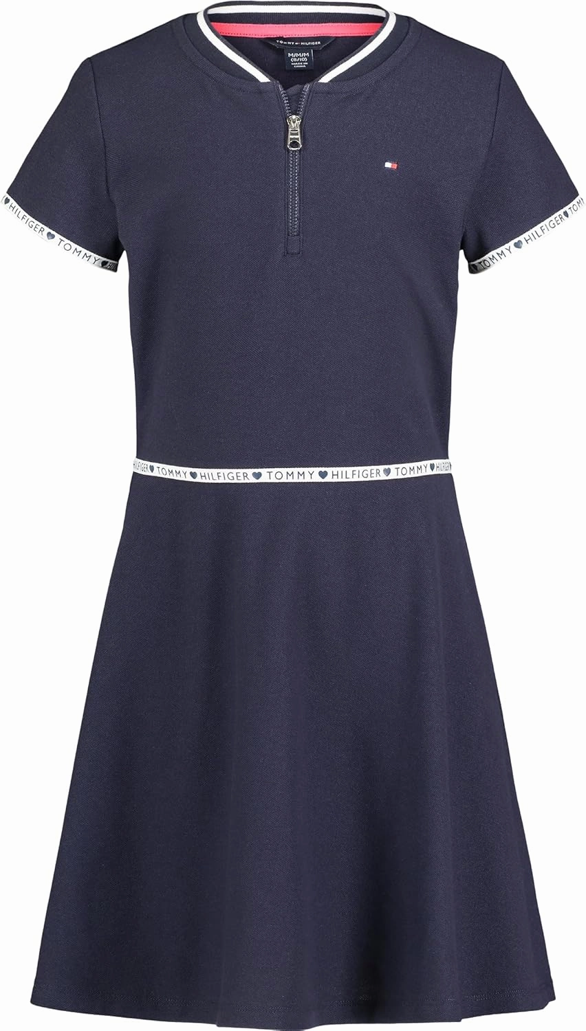 Tommy Hilfiger Girl's Short Sleeve Sporty Flag Taping Dress, Classic Style With Logo Design & Trim
