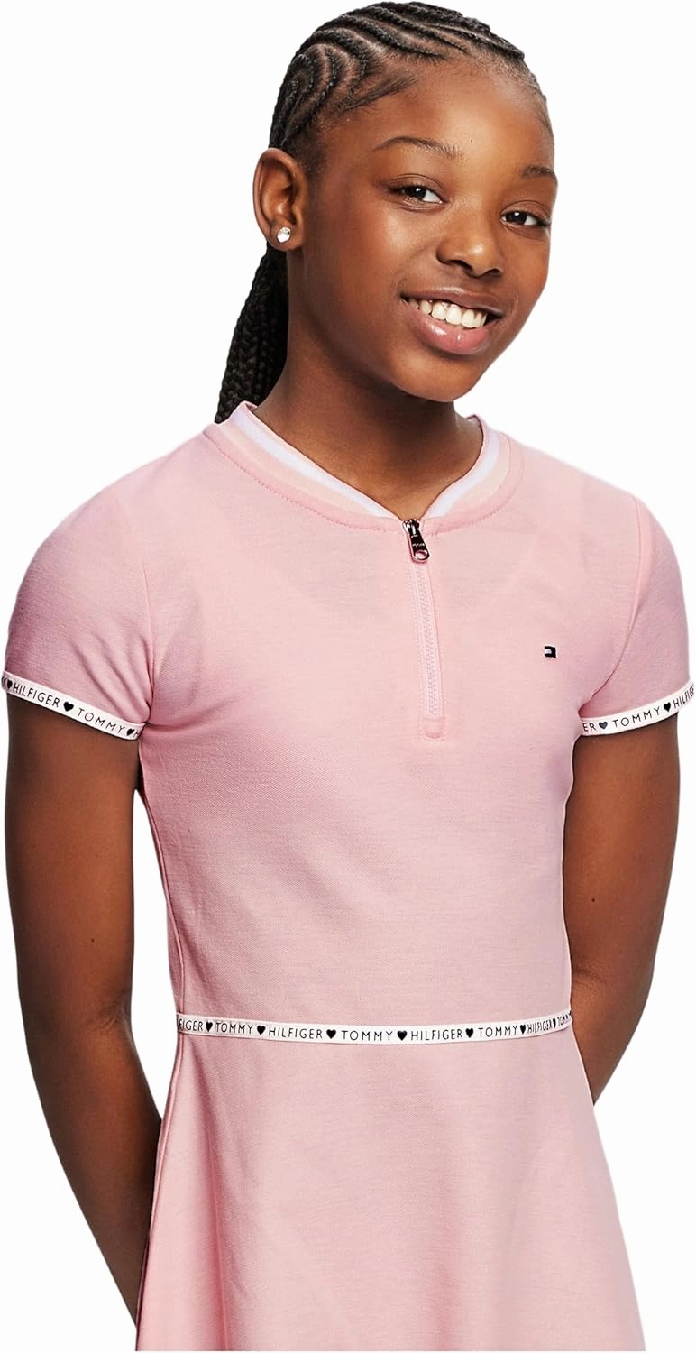 Tommy Hilfiger Girl's Short Sleeve Sporty Flag Taping Dress, Classic Style With Logo Design & Trim