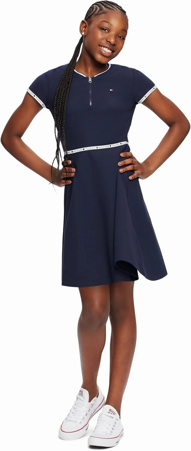 Tommy Hilfiger Girl's Short Sleeve Sporty Flag Taping Dress, Classic Style With Logo Design & Trim