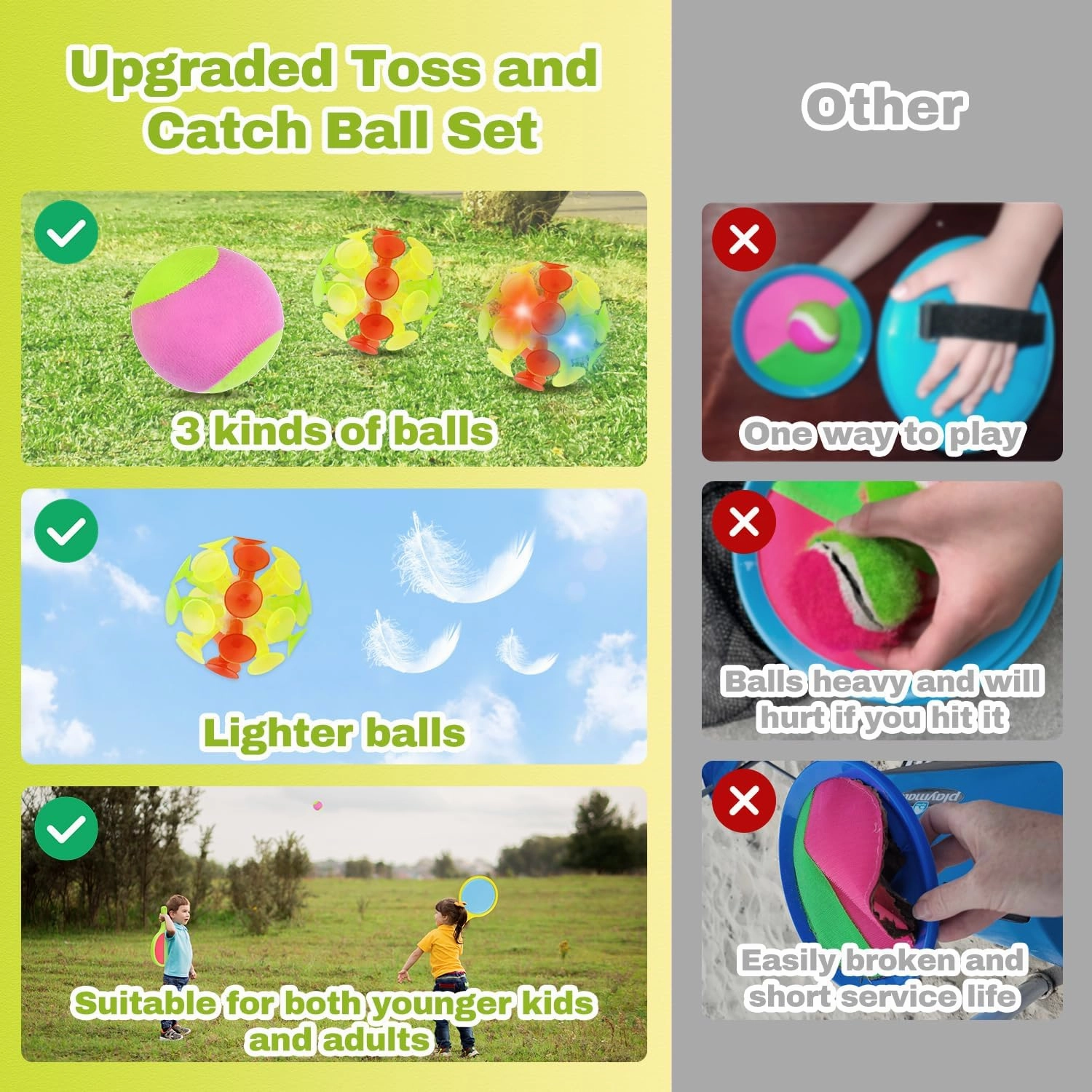 Toss and Catch Game for Kids: Toss and Catch Balls Set of 2 - Outdoor Catching Ball Paddle Toys for Ages 3  Beach Paddle Ball Sets for Yard, Backyard, Summer