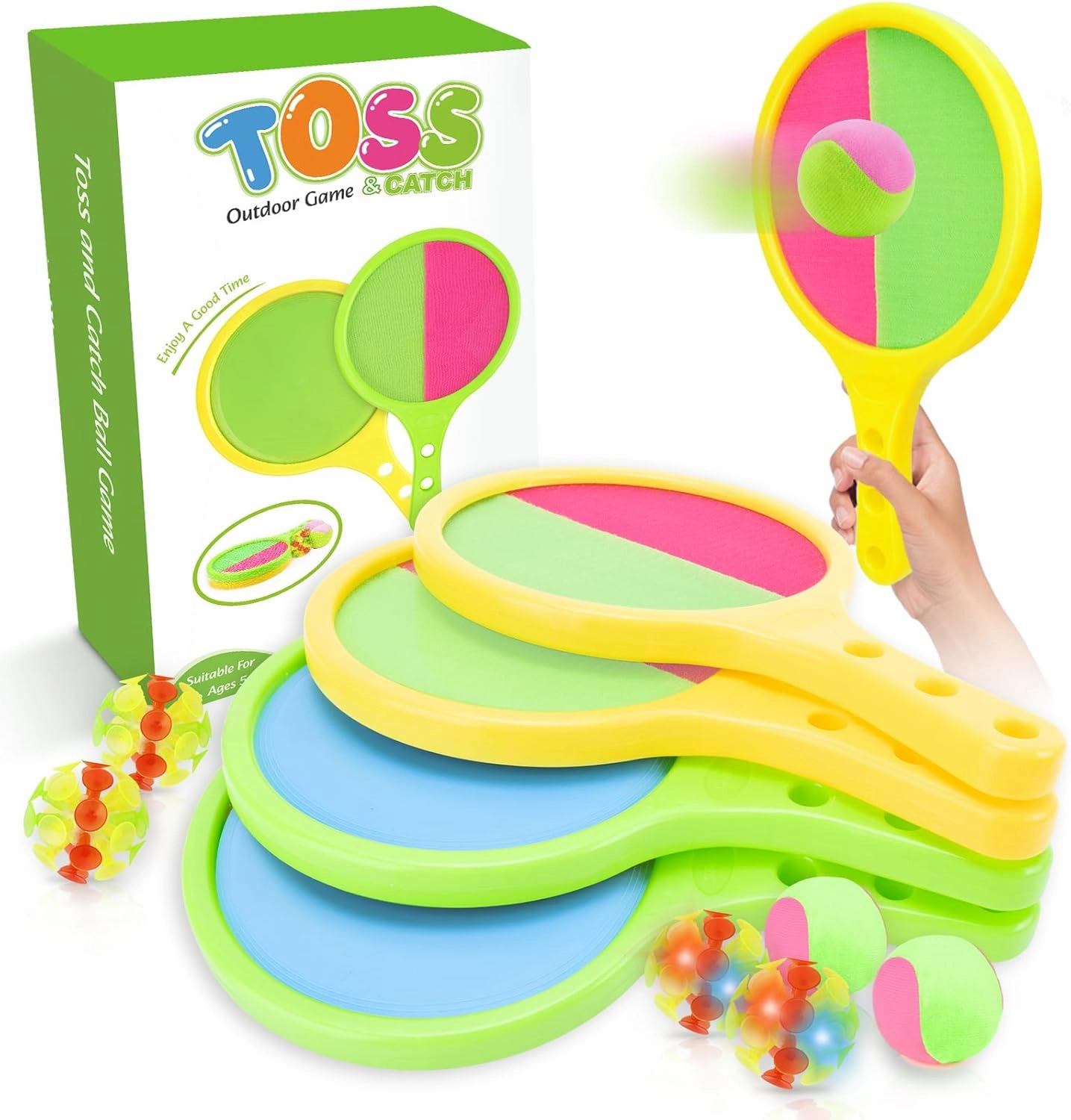Toss and Catch Game for Kids: Toss and Catch Balls Set of 2 - Outdoor Catching Ball Paddle Toys for Ages 3  Beach Paddle Ball Sets for Yard, Backyard, Summer