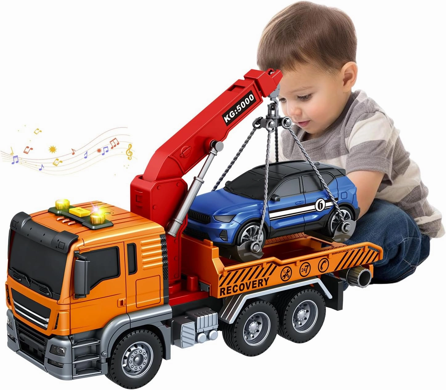 Tow Truck Toy, for 3 4 5 6 7 Years Old Boy, Truck Vehicle Toy with acousto-Optic Inertial Function Racing Car, Traffic Signs Roadblock Guidepost, Working Hook, Rescue, Birthday Gifts for Boys