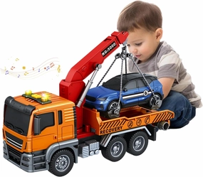 Tow Truck Toy, for 3 4 5 6 7 Years Old Boy, Truck Vehicle Toy with acousto-Optic Inertial Function Racing Car, Traffic Signs Roadblock Guidepost, Working Hook, Rescue, Birthday Gifts for Boys