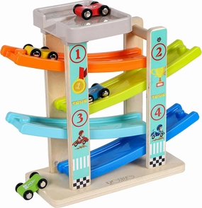 TOWO Wooden Car Ramp Toy- Zig Zag Car Slide with 4 Wooden Cars & Roof Top Car Park Playsets-Click Clack Track for Toddlers -Racing Car Toys for Kids Boys Girls 2 3 4