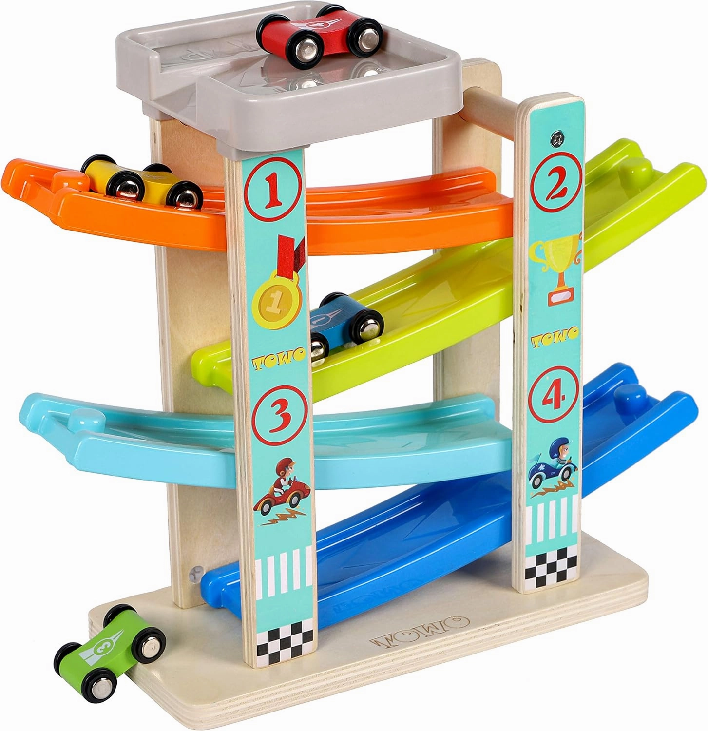 TOWO Wooden Car Ramp Toy- Zig Zag Car Slide with 4 Wooden Cars & Roof Top Car Park Playsets-Click Clack Track for Toddlers -Racing Car Toys for Kids Boys Girls 2 3 4