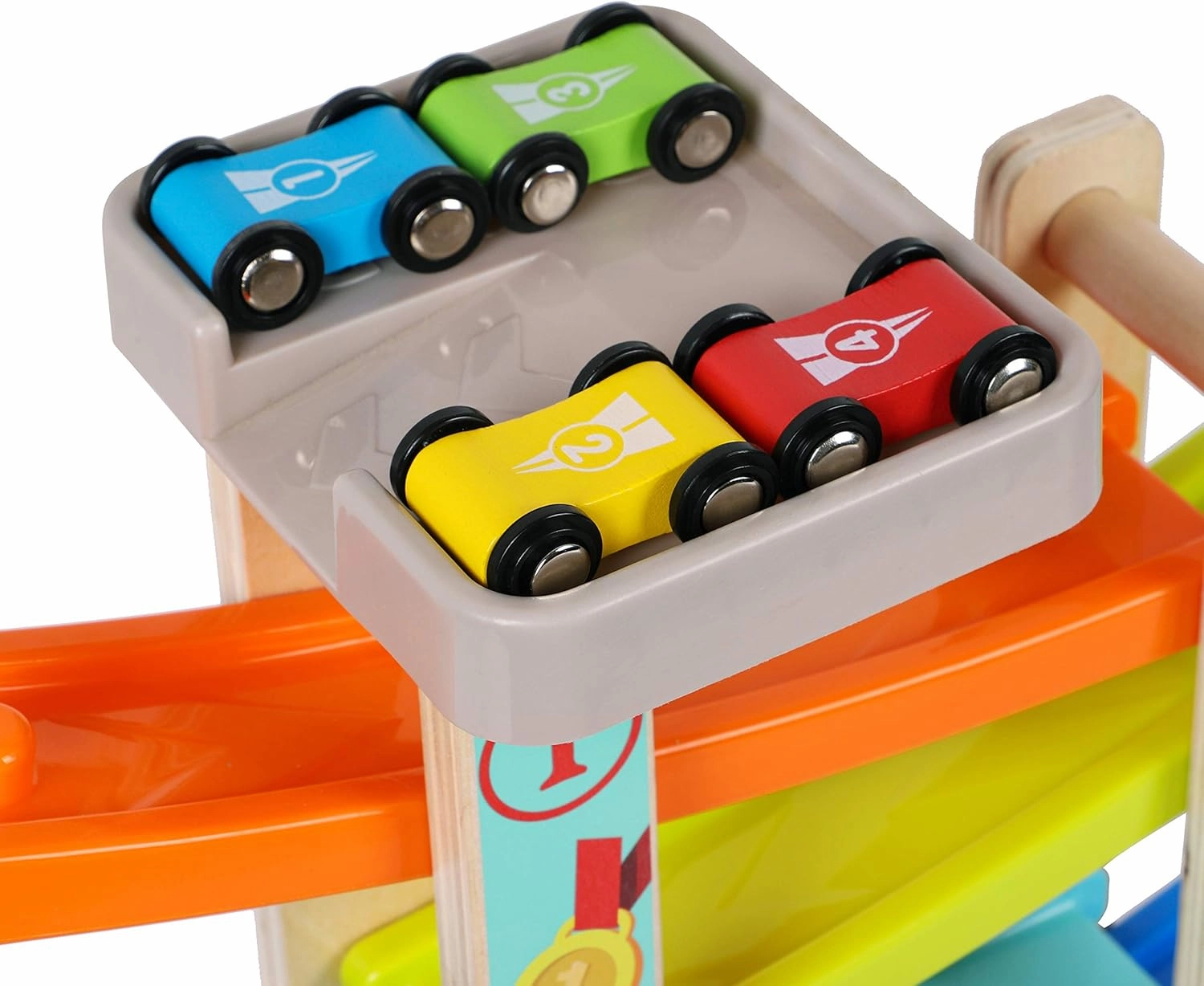 TOWO Wooden Car Ramp Toy- Zig Zag Car Slide with 4 Wooden Cars & Roof Top Car Park Playsets-Click Clack Track for Toddlers -Racing Car Toys for Kids Boys Girls 2 3 4