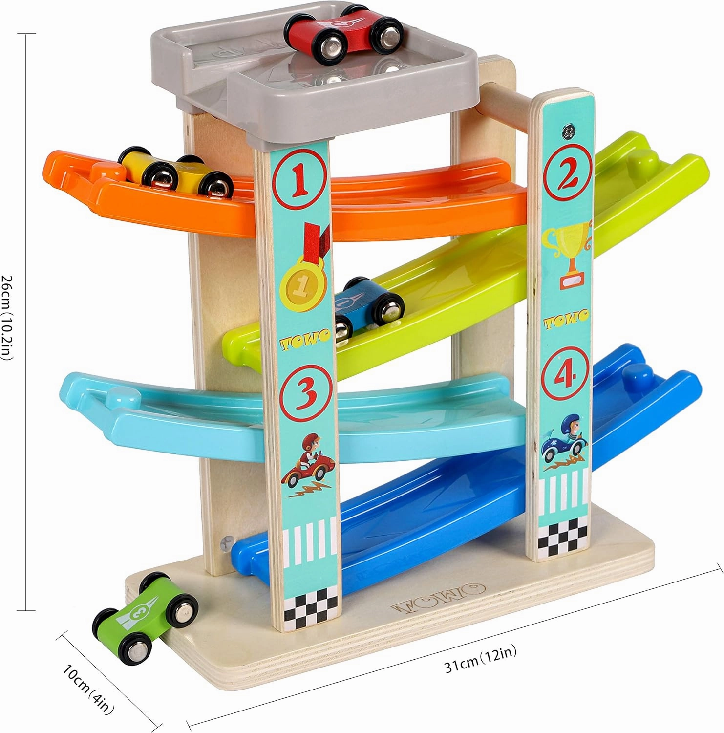 TOWO Wooden Car Ramp Toy- Zig Zag Car Slide with 4 Wooden Cars & Roof Top Car Park Playsets-Click Clack Track for Toddlers -Racing Car Toys for Kids Boys Girls 2 3 4