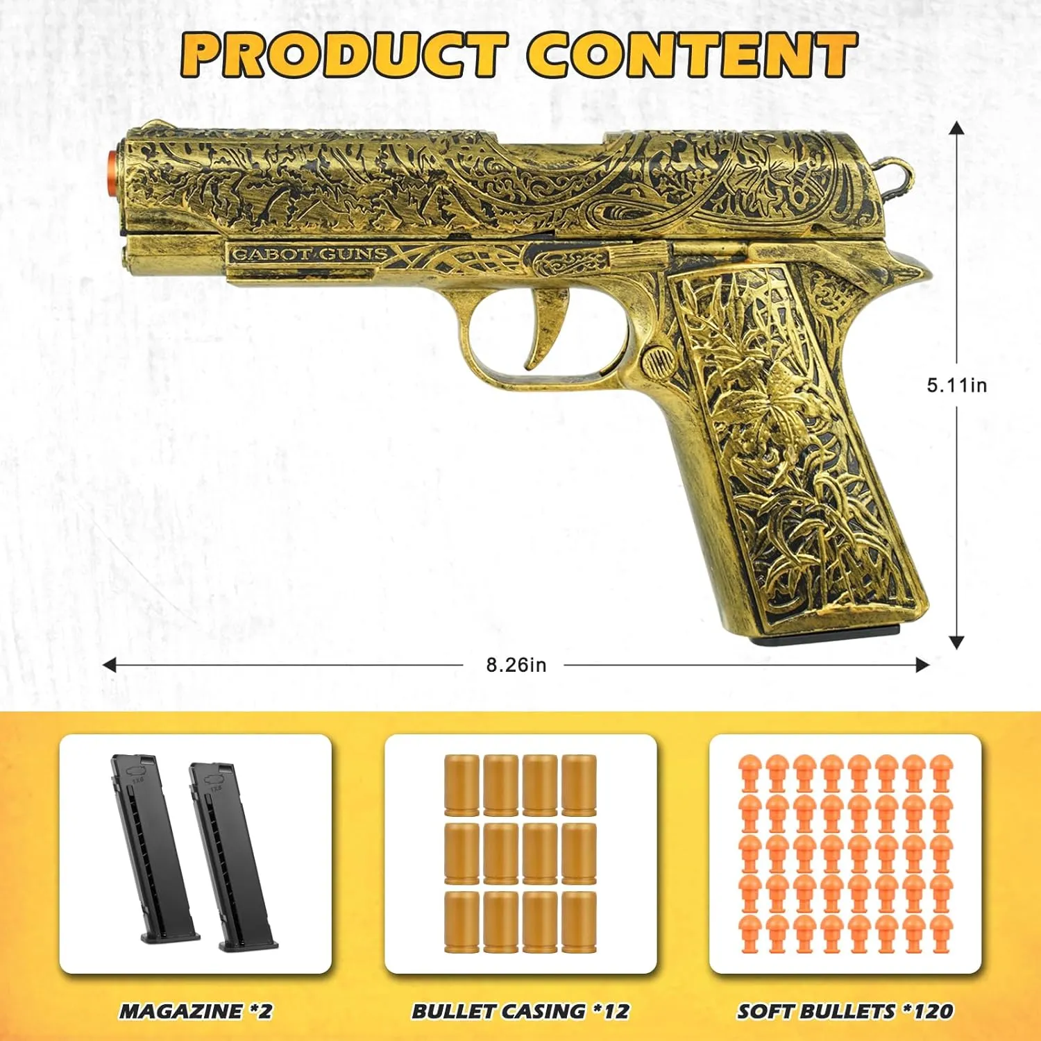 Toy Gun, 1911 Semi Auto Pistol Gun Toy for Boys, Empty Shell Ejecting Toy Gun with 120 Soft Bullets, Realistic Gun Toy Model, Kids Plastic Toy Pistol for 8  (Gold)