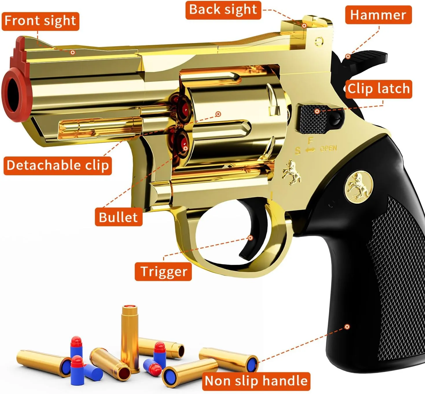 Toy Gun Soft Bullet Toy Revolver, Can fire Sponge Bullets,with 40 Bullets,for Age of 6 7 8 9 10  Years Old Kid Boys Girls（Gold）