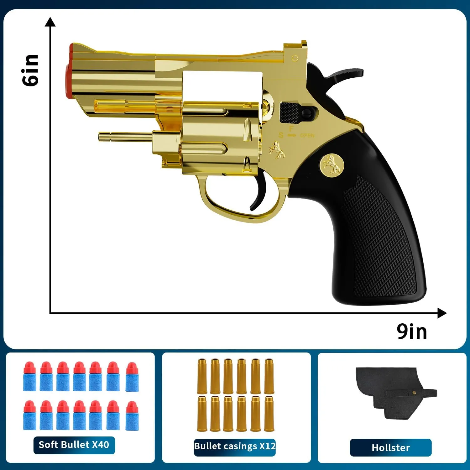 Toy Gun Soft Bullet Toy Revolver, Can fire Sponge Bullets,with 40 Bullets,for Age of 6 7 8 9 10  Years Old Kid Boys Girls（Gold）