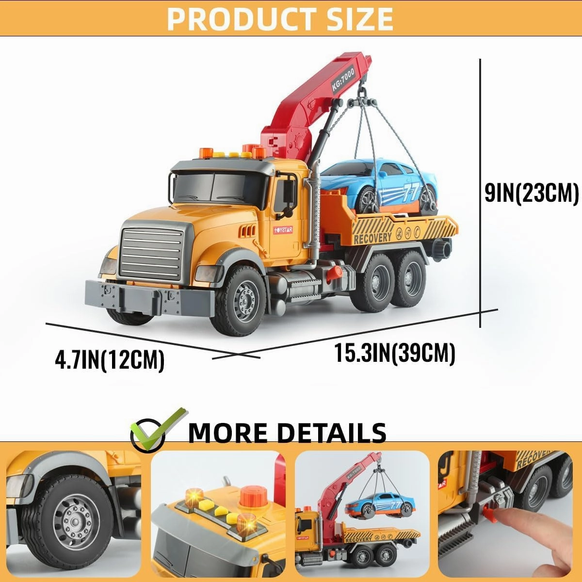 Toy Tow Truck with Crane and Car – Recovery Truck Toy for Kids Age 3 4 5 6, Construction Playset with Lights and Sounds,Birthday Gifts for Boys