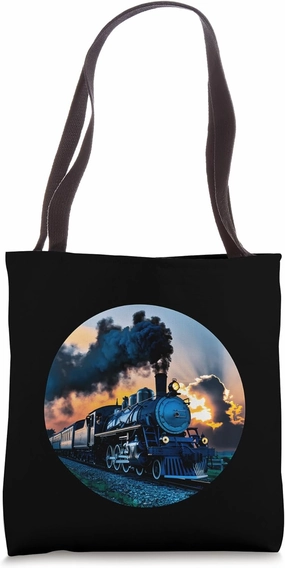 Train Railroad Engine Locomotive Sunset Graphic Design Tote Bag