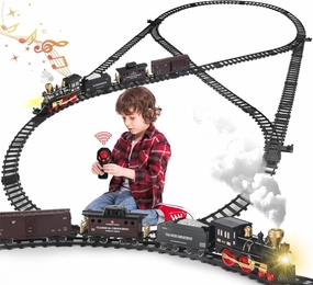 Train Set for Kids,Remote Control Electric Train Set for Children with Tracks,Steam Locomotive Engine w/Smoke Sound Light Cargo Vehicle,Christmas Birthday Toys for Boy for 3 4 5 6 7 8  Year Old Kids