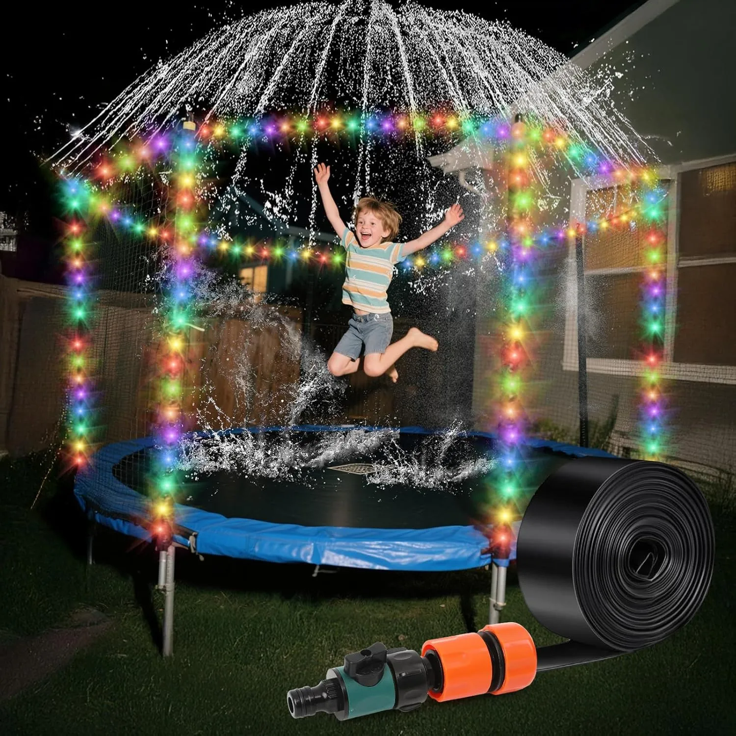 Trampoline Sprinkler Kids Outdside with Led Lights: Waterpark Tropical Party Summer Outdoor Fun Water Games Toys Sprinklers Backyard Water Park Activity Toy for Kids Boys Girls