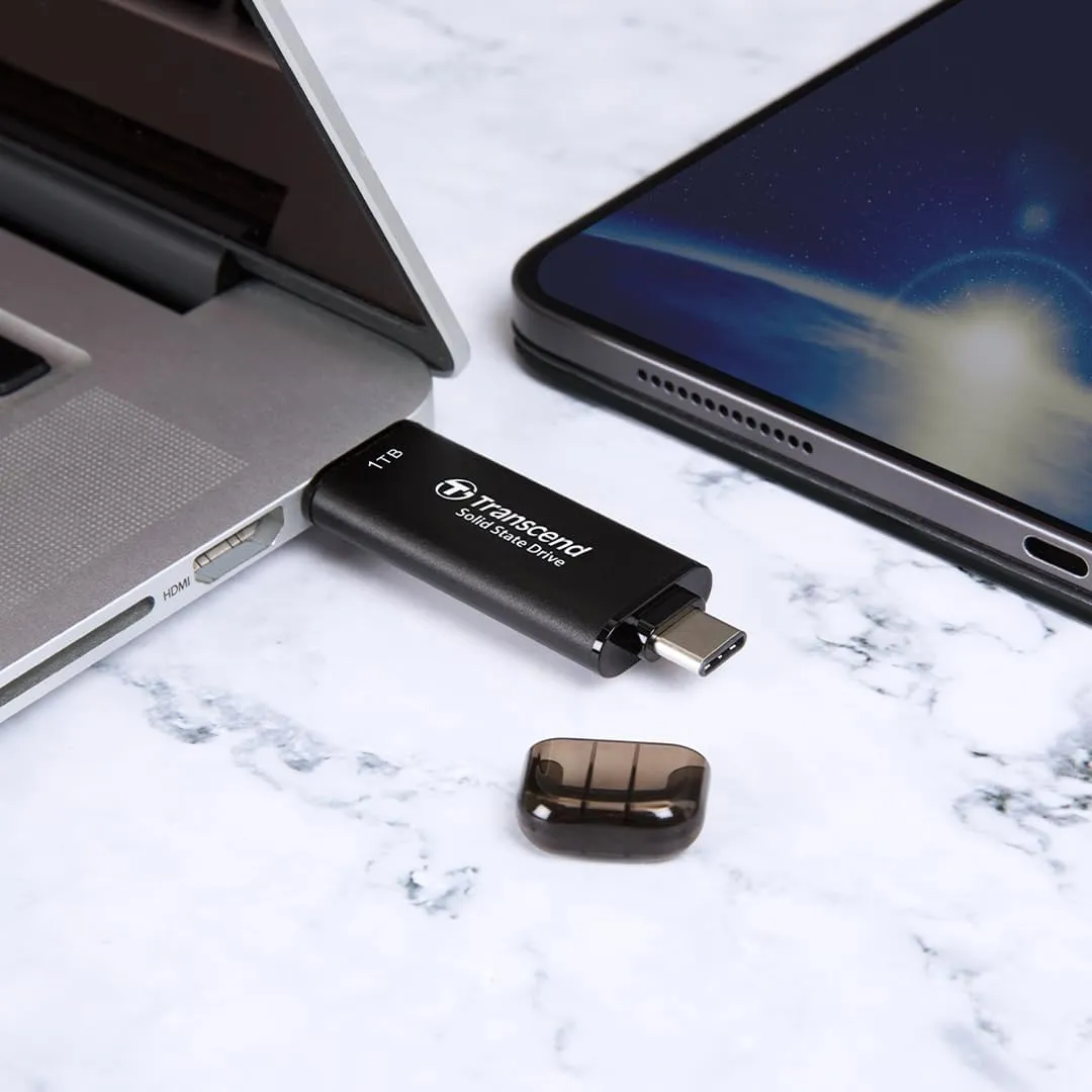 Transcend 1TB External SSD, Up to 1,050MB/s, USB Hard Drive for Tesla, iPhone&iPad&Mac, Steam Deck, ROG Ally, MSI Claw, Windows&Android, PS5&Xbox, Smart TV, 2-in-1 Type C &A, USB 3.2 Gen2 Portable SSD