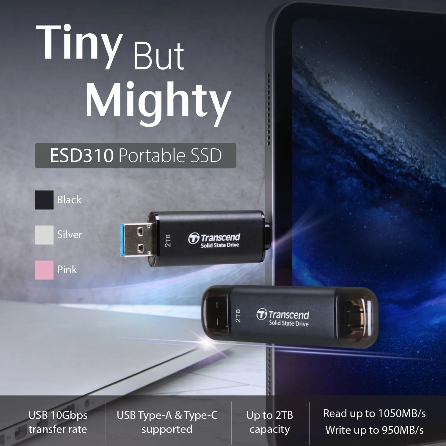 Transcend 1TB External SSD, Up to 1,050MB/s, USB Hard Drive for Tesla, iPhone&iPad&Mac, Steam Deck, ROG Ally, MSI Claw, Windows&Android, PS5&Xbox, Smart TV, 2-in-1 Type C &A, USB 3.2 Gen2 Portable SSD