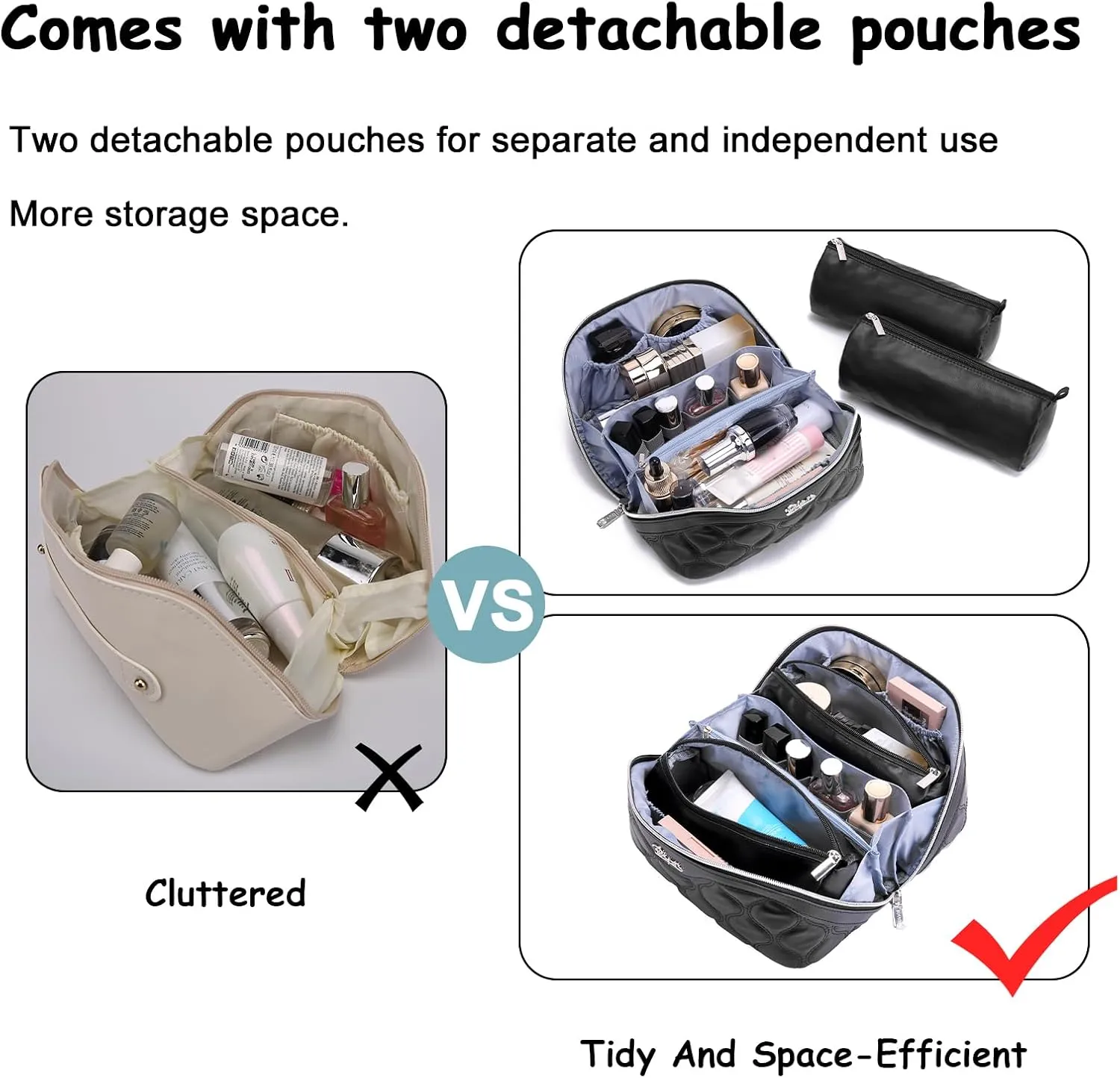 Travel Makeup Bags for Women Cosmetic Bag: Puffy Make up Bags Set of 3 - Vegan Leather Makeup Organizer - Waterproof Large Toiletry Bag with Compartments - Travel Essentials (01 Black)