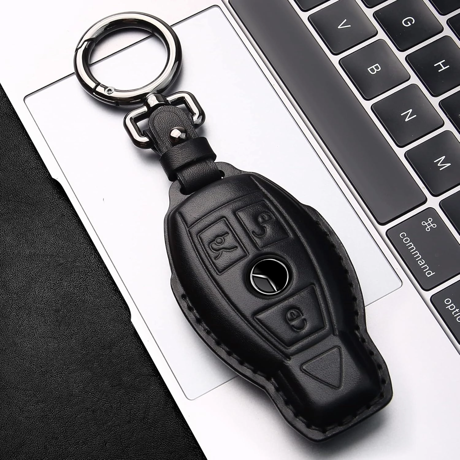 Tukellen for Mercedes Benz key fob cover Genuine Leather with Keychain,Leather key case Protector Compatible C E M S CLS CLK GLK GLC G AMG Series Smart Remote Key,Black