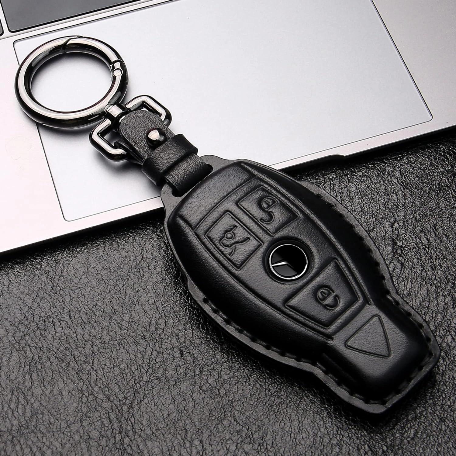 Tukellen for Mercedes Benz key fob cover Genuine Leather with Keychain,Leather key case Protector Compatible C E M S CLS CLK GLK GLC G AMG Series Smart Remote Key,Black