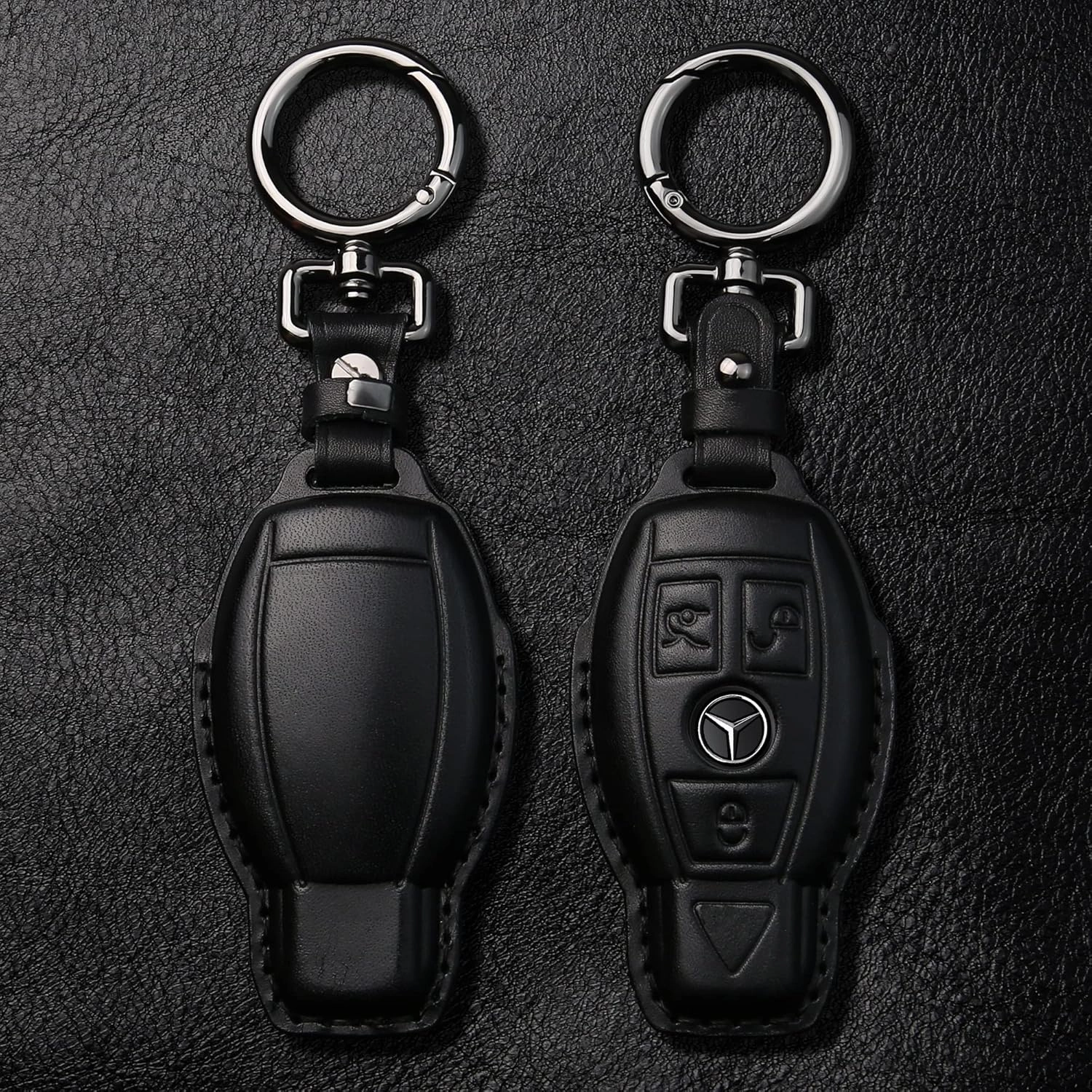 Tukellen for Mercedes Benz key fob cover Genuine Leather with Keychain,Leather key case Protector Compatible C E M S CLS CLK GLK GLC G AMG Series Smart Remote Key,Black